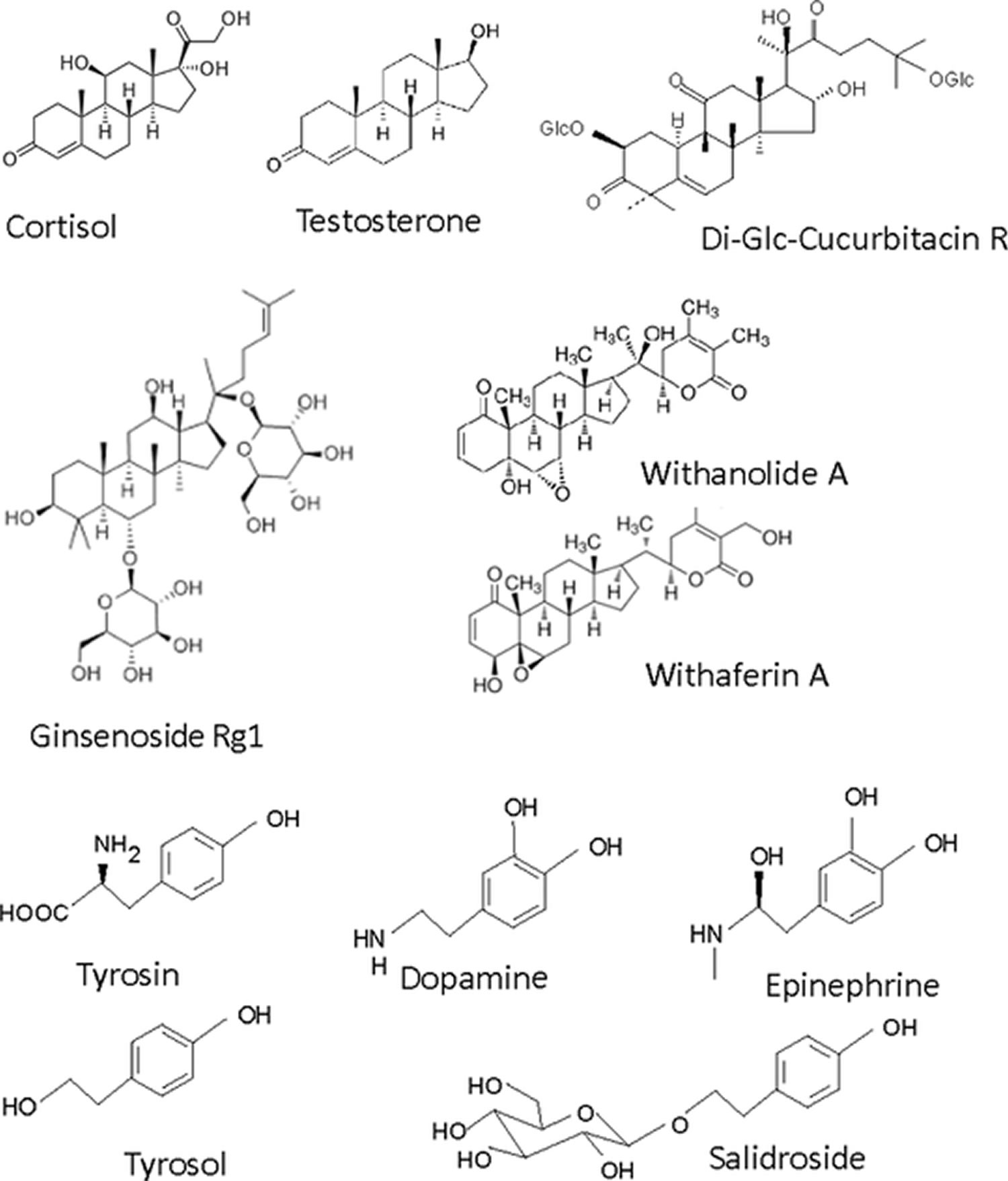 Chemical structures of adaptogenic compounds of plant origin