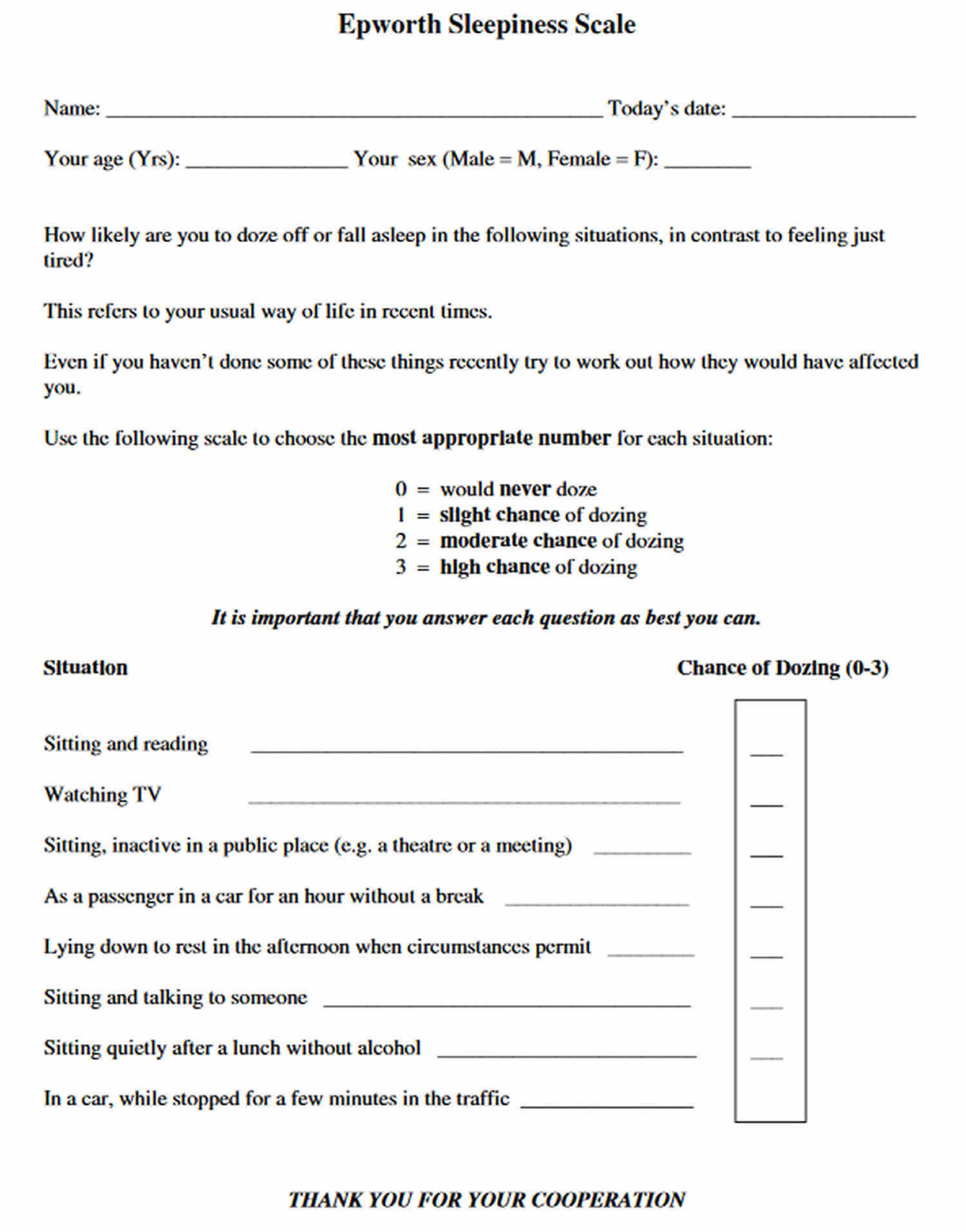 Epworth Sleepiness Questionnaire